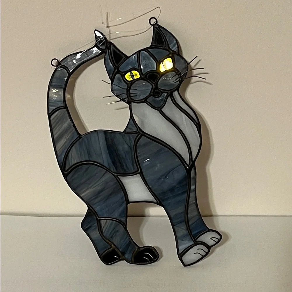 Stained Glass Cat Suncatcher - Blue, Black and Gray